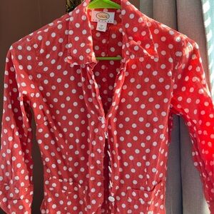 Talbots Red Linen Shirt with White Dots and Functional Pockets